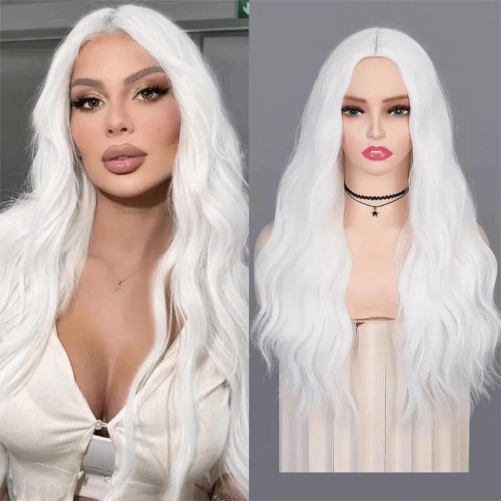 Elegant Long Wavy Curly Wig Middle Part Cosplay Lolita Wigs White Orange Synthetic Wigs Halloween