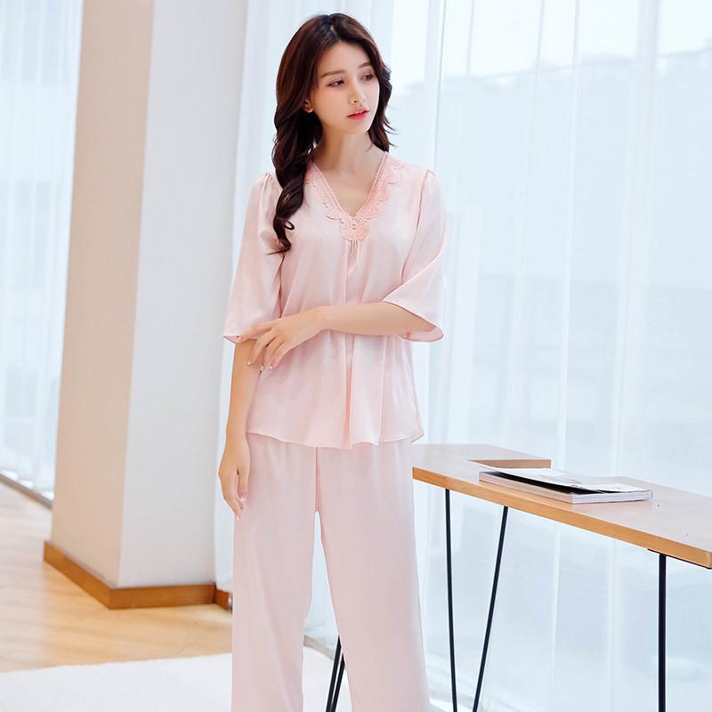 

Женский весенне-осенний милый комплект из 2 предметов пижамы с длинным рукавом из тонкого искусственного шелка домашняя одежда летняя кружевная домашняя одежда с V-образным вырезом XXL светло-розовый