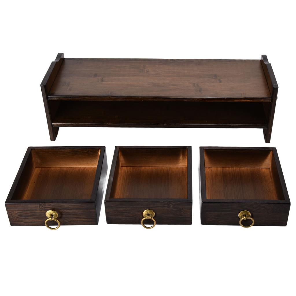 Monitor Stand Bamboo Heightened Non Absorbent Computer Riser with Backplane 3 Drawers for Home