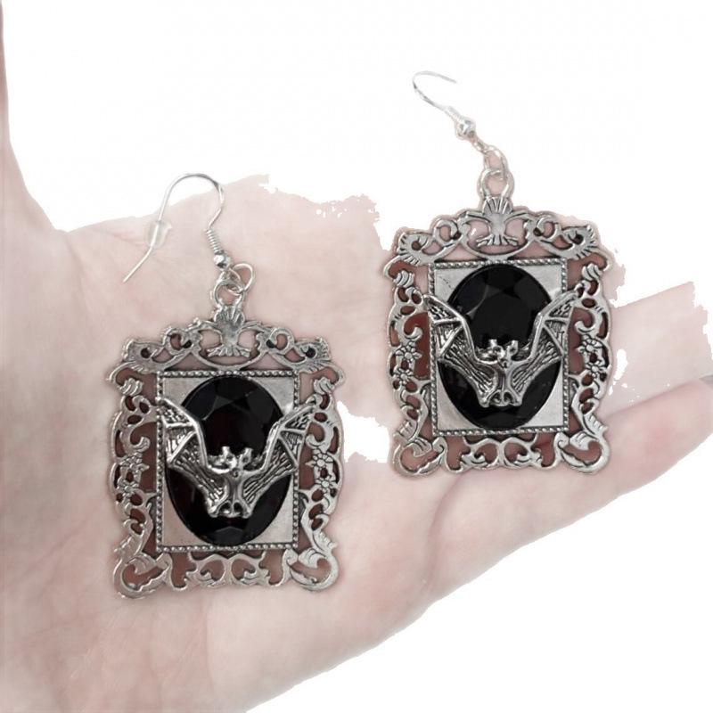 Gothic Black Bat Earrings with Earring Frame