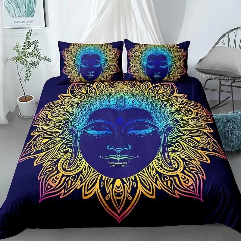 Buddha Duvet Cover Set King Size Exotic Ethnic Bohemian Bedding Set Microfiber Golden Buddha Statue Print Gorgeous Quilt Cover