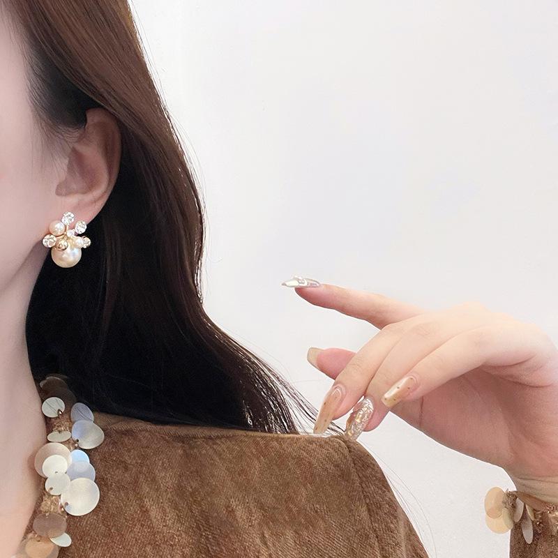 Gold-Plated Silver Zircon Flower Pearl Stud Earrings - French Retro Style for Women