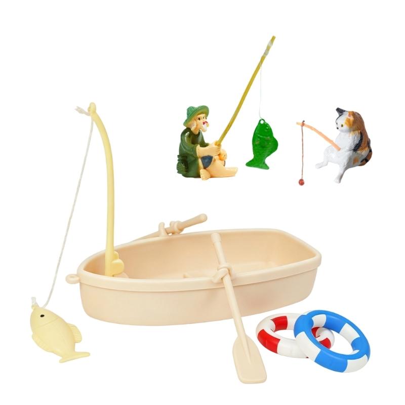Aquarium Decoration Fishing Boats Ornament, Fishing Scene Fishtank Decors with Fisherman and Cats Detail for Fishtank Landscape Use