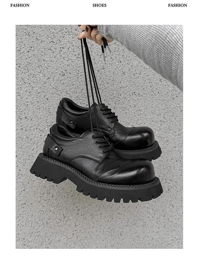 2024 Men's Genuine Leather Round Toe Derby Shoes - British Style, Thick Sole, Black Boots