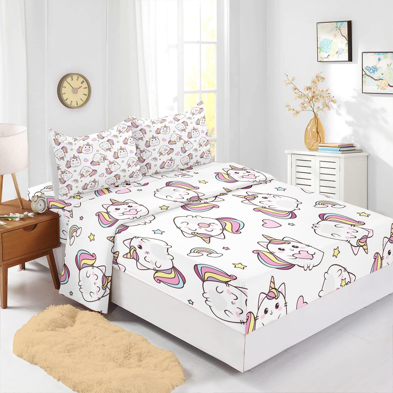 Cute Cartoon Unicorn Pattern Sheet Four-piece Bedding Set Bedroom Room Dormitory Bedding 80*200*30cm