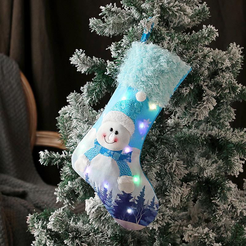 Christmas Socks With Lights, Blue Snowman Glowing Candy Bag Christmas Shu Decorative Gift Socks