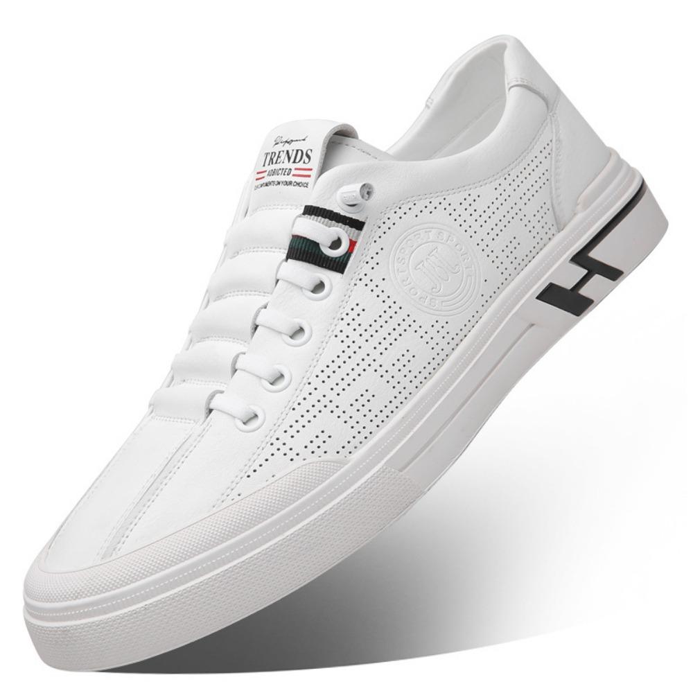 Mens Leather Casual Shoes Spring Summer Trendy Slip On Sneakers Breathable Hollow Out White Shoes