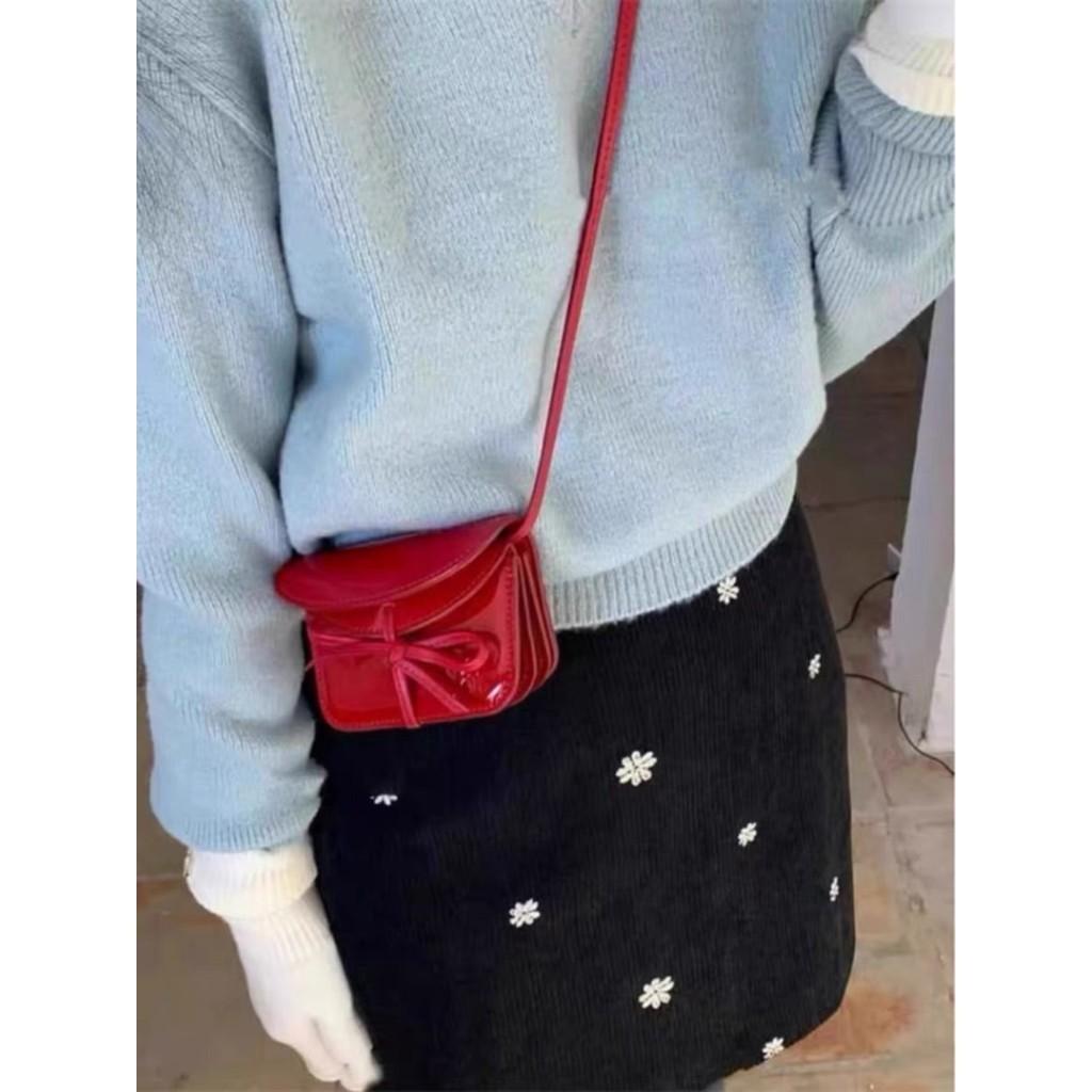 IELGY Niche Design Girl Bow Red Small Square Bag, Korean Versatile Messenger Bag