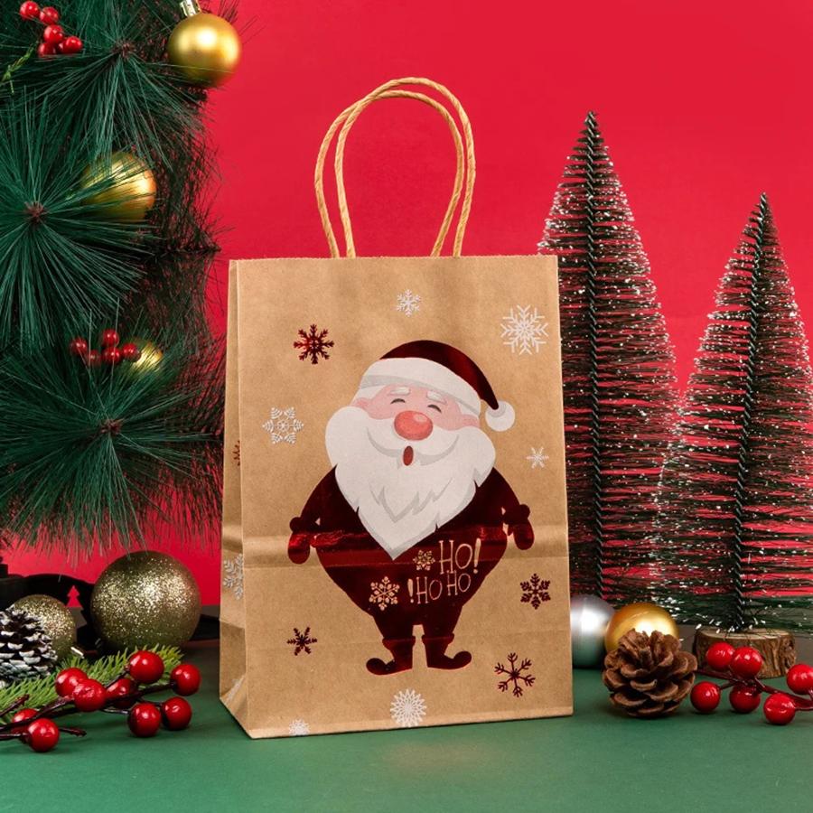 5PCS Christmas Tote Bag Christmas Eve Party Gifts Kraft Paper Gift Bags Hot Stamped Elk Snowflake Bags