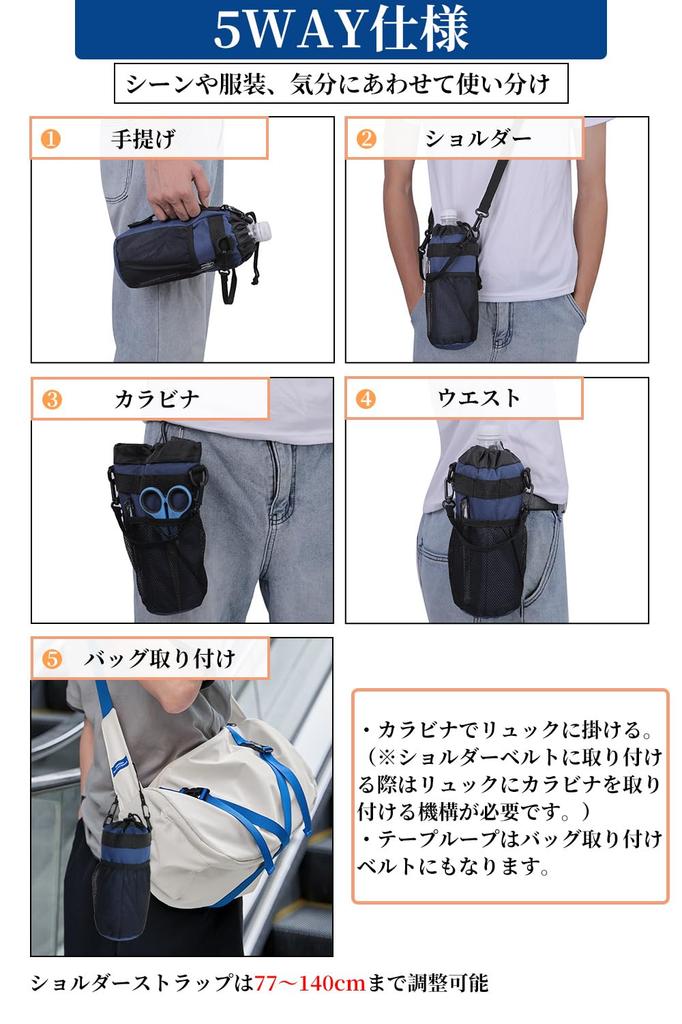ALL BEFORE Multifunctional Bottle Drink Water Bottle PET Bottle Storage Bag with Shoulder Net Hook and Stain and Scratch Waterproof Navy [CARRY ONE]
