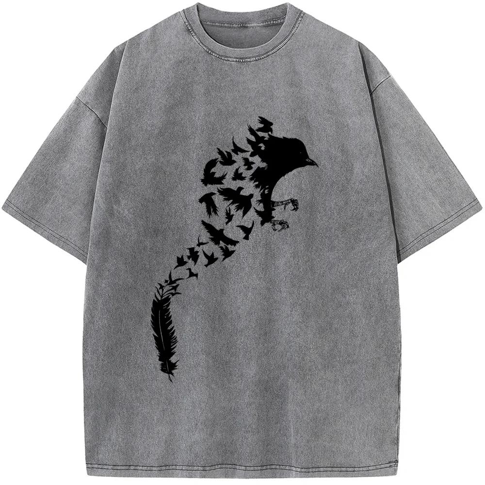 Feather Bird Men's Short-Sleeved T-shirt Washed Old High Quality T-shirt Student Top T-shirts