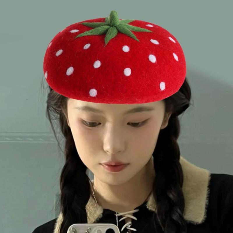 Warm Wool Felted Beret Hat Strawberry Pattern Hat Unisex Soft Elegant Hat for Outdoor Fashion