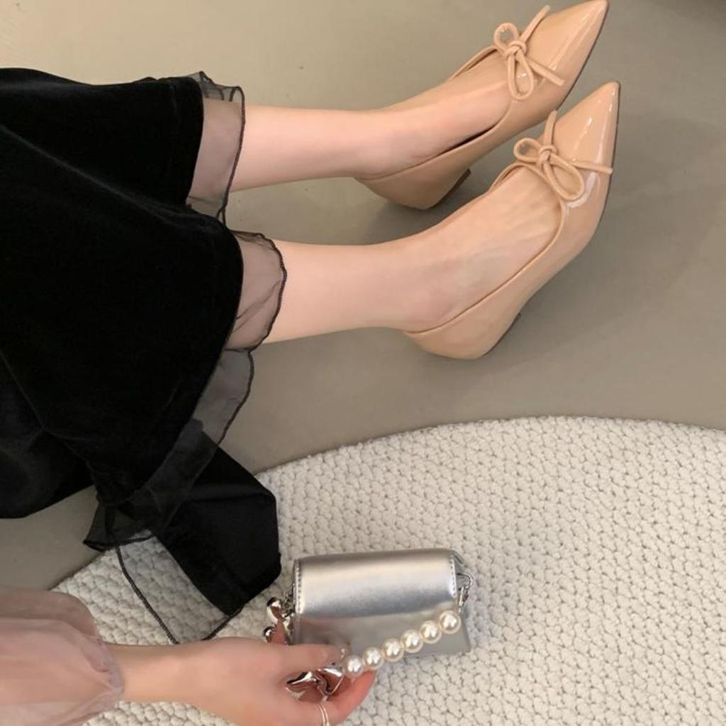 Temperament Gentle Shoes New Bow Inner Height Increase Shallow Mouth Women's Flat Shoes Pointed French Single Shoes