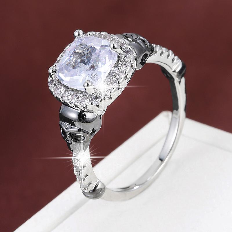 Personalized Skull Ring with Square Zirconia, High-End Punk Style, Pure Copper Women's Jewelry