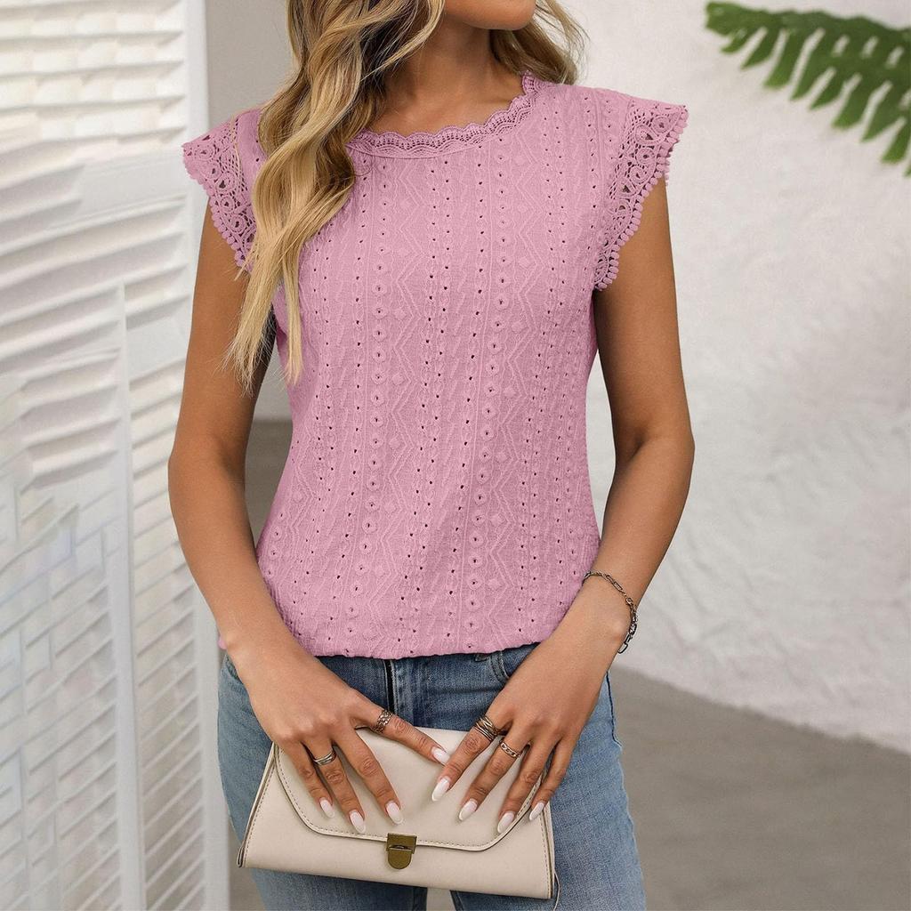 Women Color Round Neck Sleeve Lace Splicing Hollow T-shirt