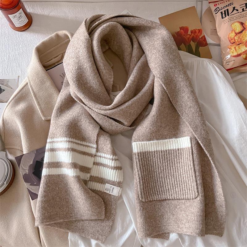 Pocket scarf women's autumn and winter plaid striped wool blend versatile student couple warm scarf dual-purpose tide
