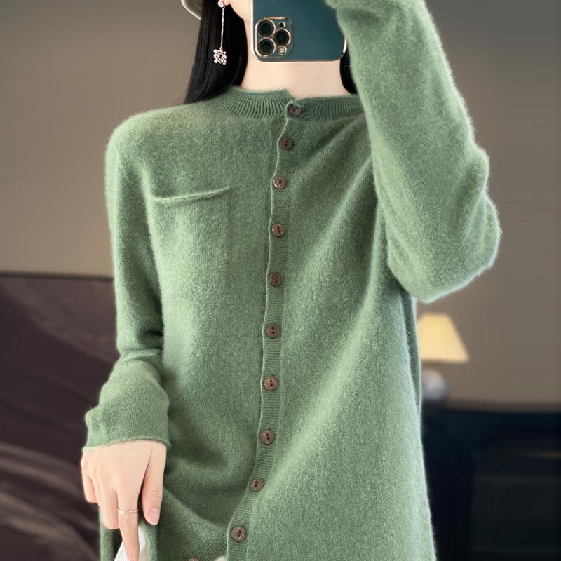

Женский кашемировый кардиган с круглым вырезом, 95% шерсть, зимний вязаный пуловер, осенний свитер, кашемировый свитер M темный оливковый зеленый