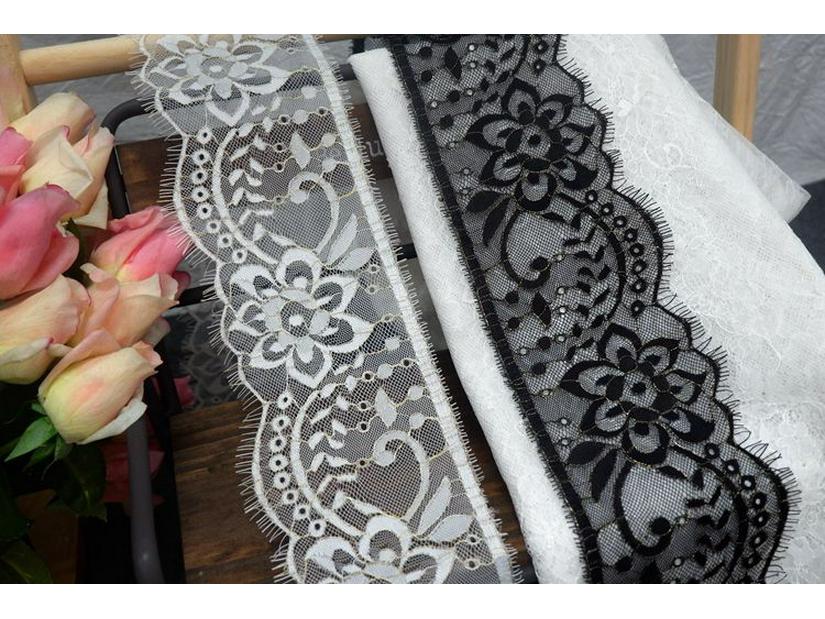 Gold Thread Black & White Double-Sided Eyelash Lace Fabric for DIY Clothing Straps & Splicing
