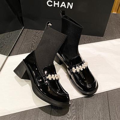Coarse Heel Short Boots Women's New Spring and Autumn Single Boots Elastic Socks Boots Knitted Loafers Platform Large Size Martin Boots