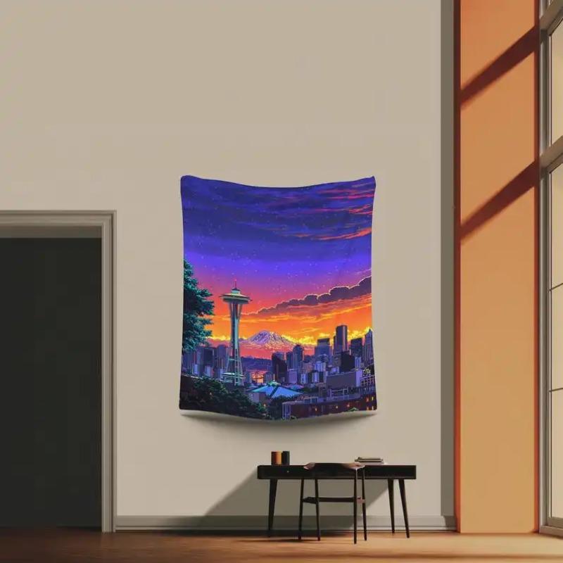 Seattle Urban Sunset Tapestry, Modern Urban Landscape Art Wall Hanging Bedroom Living Room Home Decoration 100X70CM