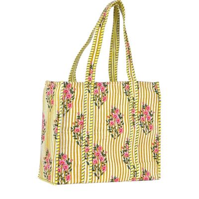 Handmade Cotton Quilted Tote Bag for Women, Traditional Block Print Shoulder Pouch, Yellow Large Capacity Shopping Carrier, Gift for Her