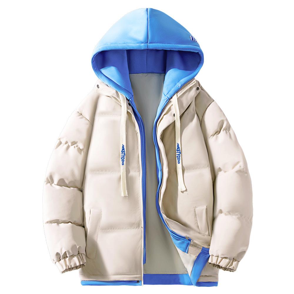 Gefälschte zweiteilige Baumwolljacke für Teenager, Winterjacke im koreanischen Stil, dicke Baumwolljacke, neue Winterjacke mit Kapuze für Herren aus Baumwolle