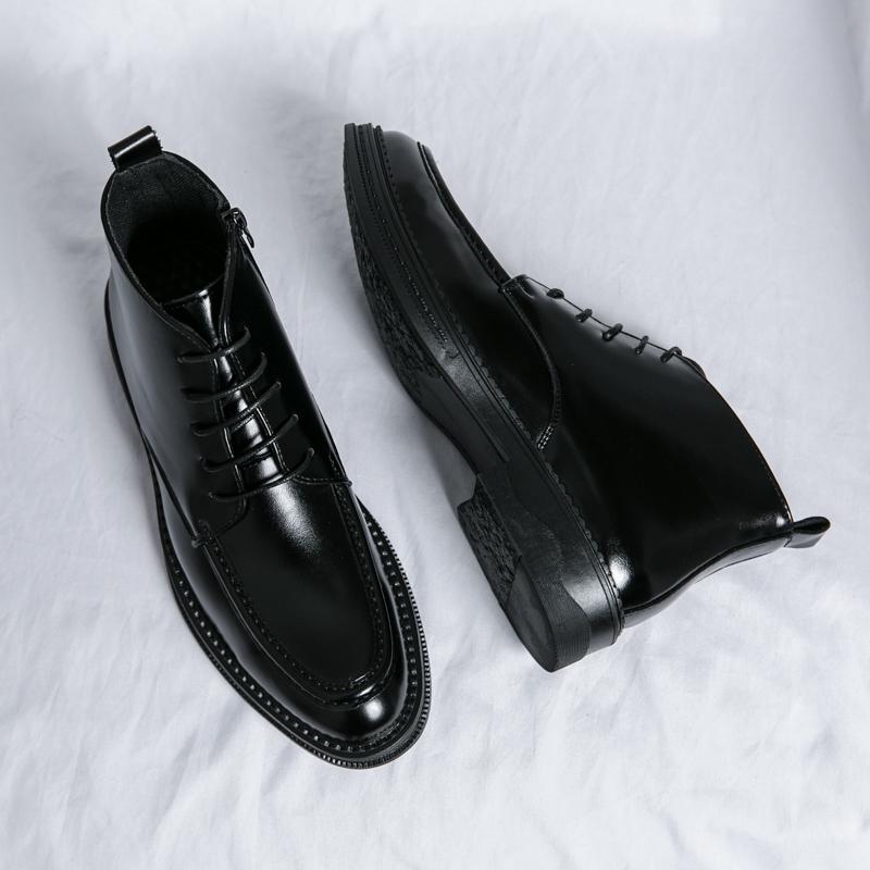 Brittiska Vinter Nya Spetsiga Snörskor Dragkedja Patchwork Lackläder Ankelstövlar Män Casual Lyxiga Höga Skor Zapatos Hombre