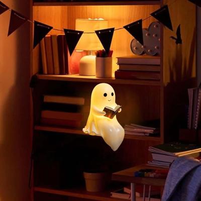 Ghost Reading Lantern Cute Ghost Night Light Halloween Resin Figurine Decoration for Bedroom Study Bedside Bookshelf Kid's Room