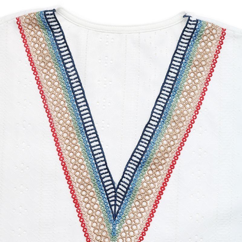 Women Ethnic Vacation Style Jacquard Lace Patchwork V Neck Batwing Short Sleeve Top