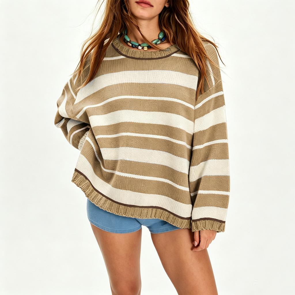 Maglione da Donna Casual a Blocchi di Colore a Righe in Maglia Vestibilità Larga Girocollo Pullover