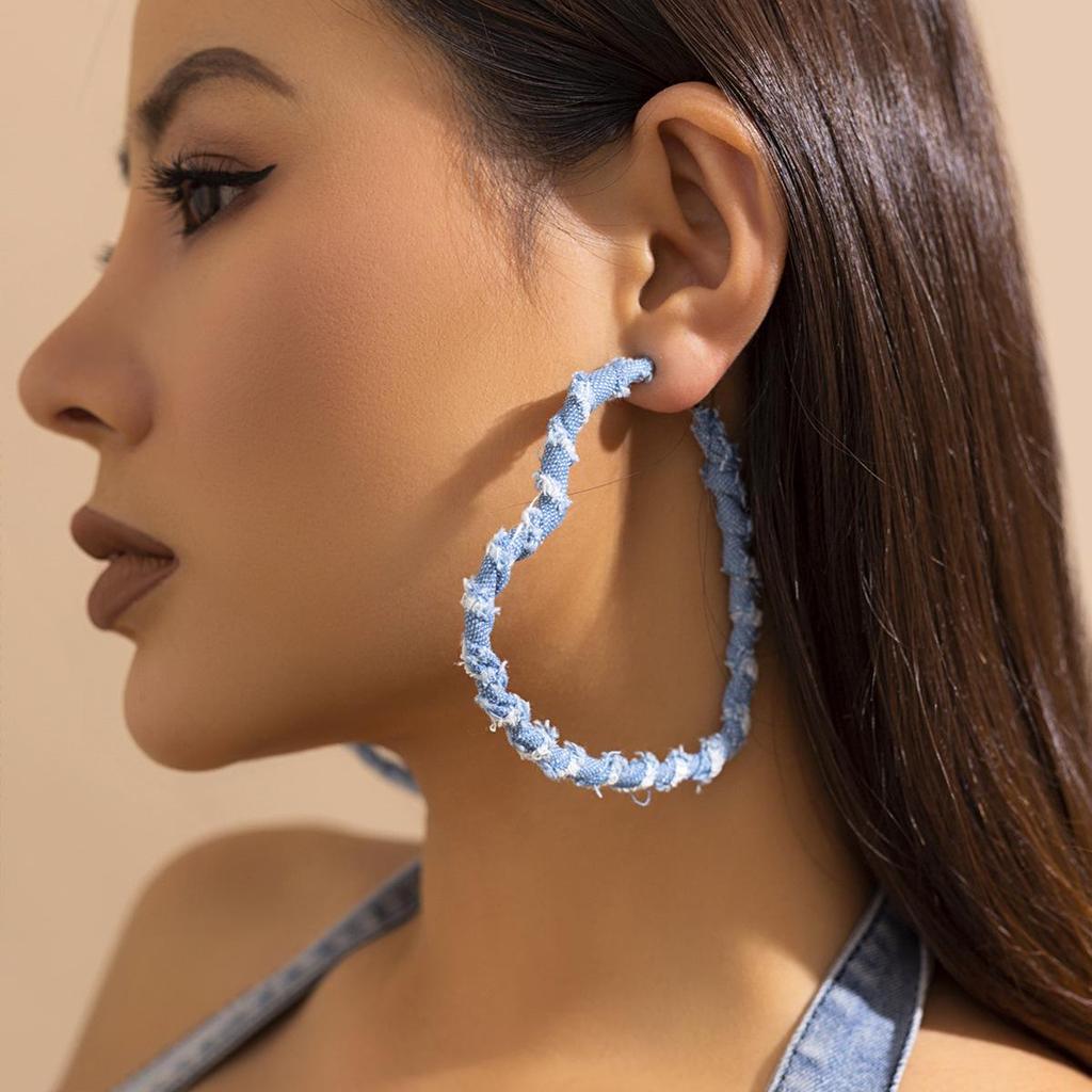 Vintage Denim Print Hoop Earrings: Retro Cross-Border Fabric Studs for Women
