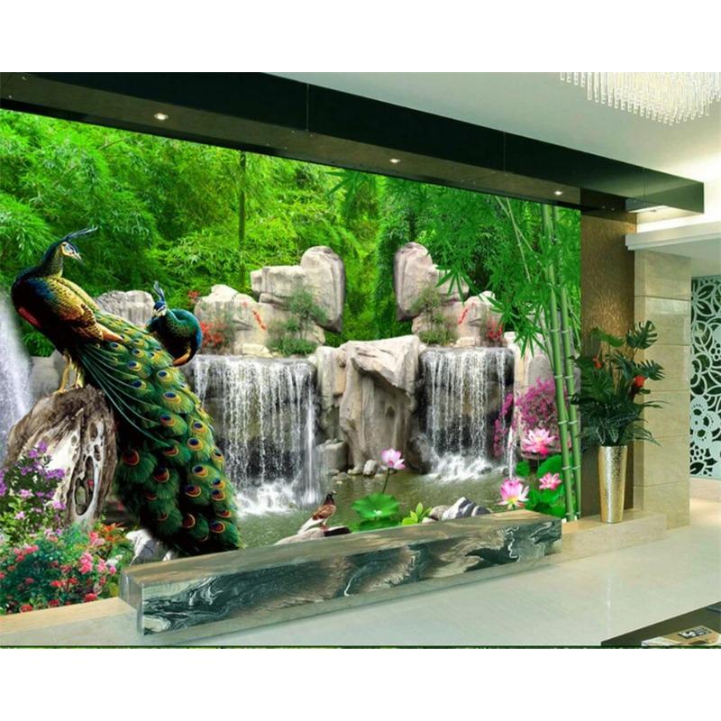 Wallpaper Peacocks Lotus Waterfall Bamboo Wallpaper Household Decor 3d Wallpaper Mural