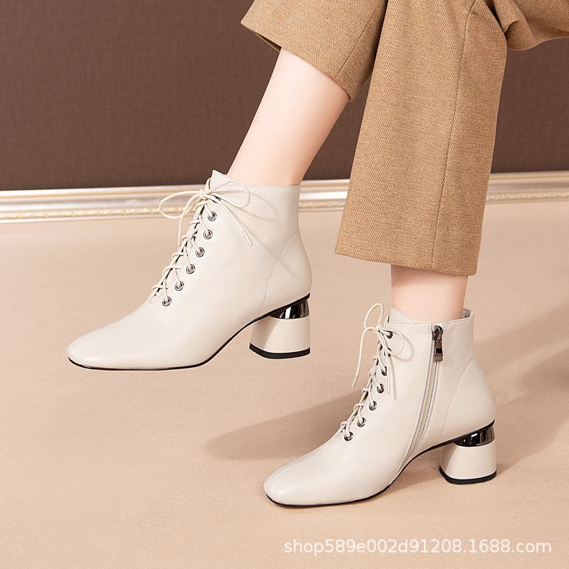 

Короткие сапоги на грубом каблуке, женские универсальные кожаные сапоги на среднем каблуке с квадратным носком и шнуровкой, женские ботинки Martin, ботинки Mom 38