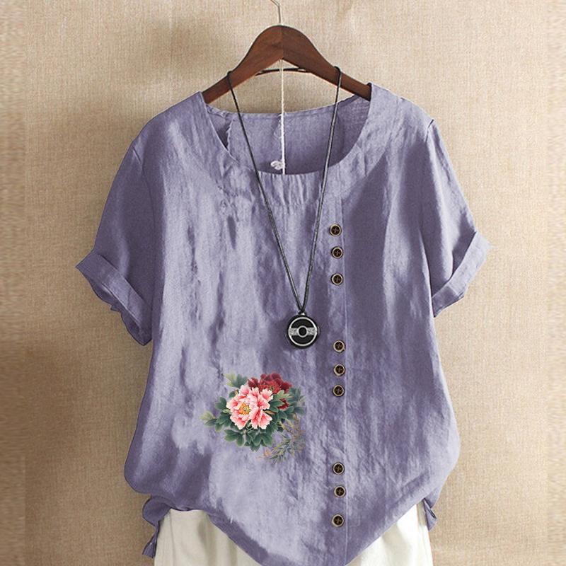 Damen T-Shirt mit Rundhalsausschnitt, kurzärmelig, Blumenmuster, Leinenhemd, Sommer, lässig, Übergröße