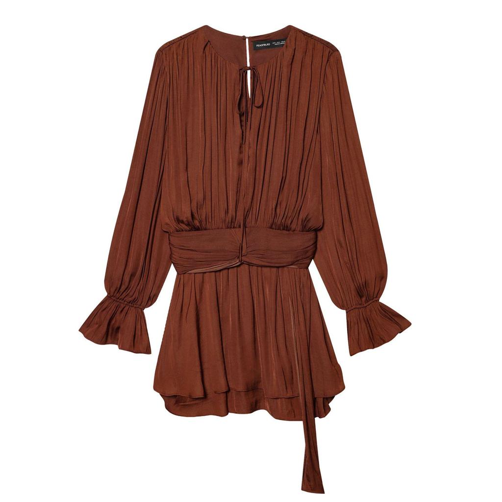 European American Style Autumn 2025 Lace-up Waist Long-Sleeved Dress