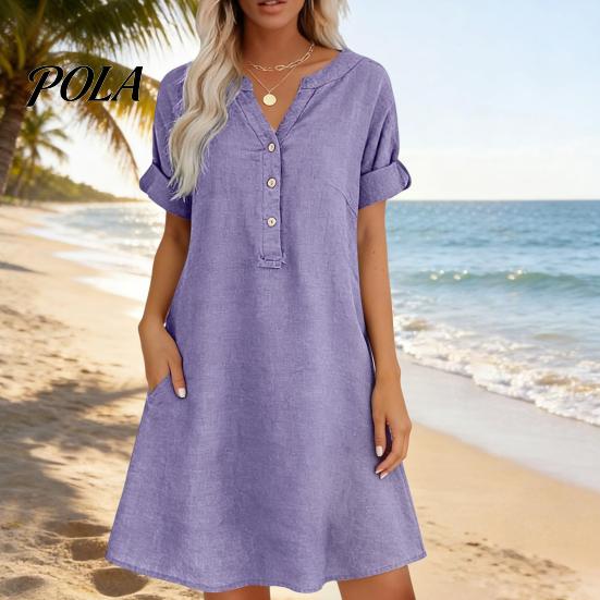 Travel Friendly Dress Summer Short Sleeve for Women, Casual Button Up V Comfortable Everyday Neck A-line Dress, Flowy Beach Vacation Sundress