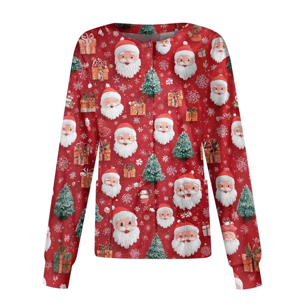 Women's Christmas-printed Casual Long-sleeved Single-breasted Work Uniform Cardigan
