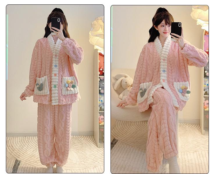 Women’s Winter Coral Fleece Pajama Set - Long Sleeve Flannel Cardigan, Thick Warm Plus Size Home Wear