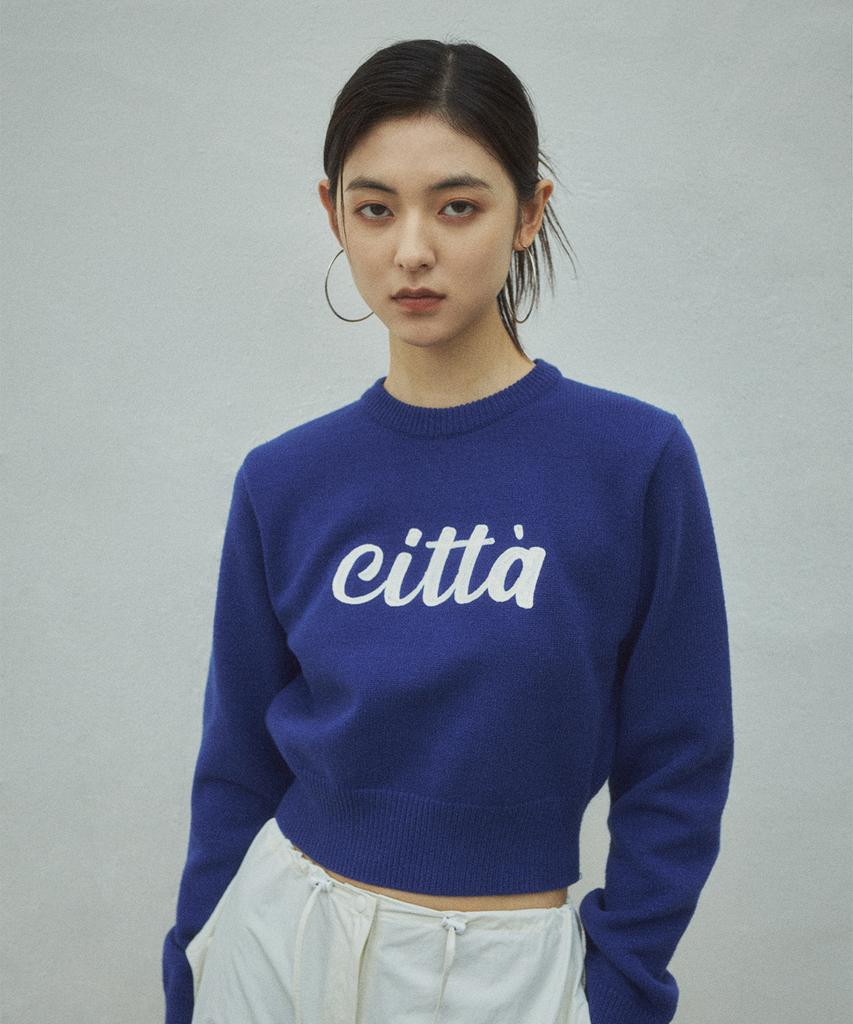 CITTA Chain Stitch Logo Round Semi-Crop Knit_Ctk202(Blue)