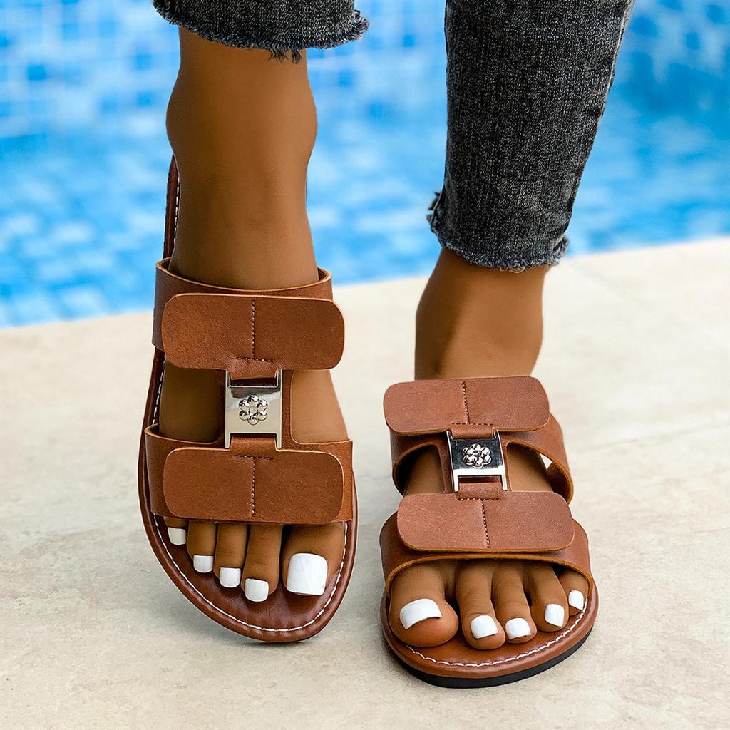 Spring and Summer Fashion Flat Bottom One-word Drag Round Head Versatile Solid Color Large Size Slippers Cool Slippers