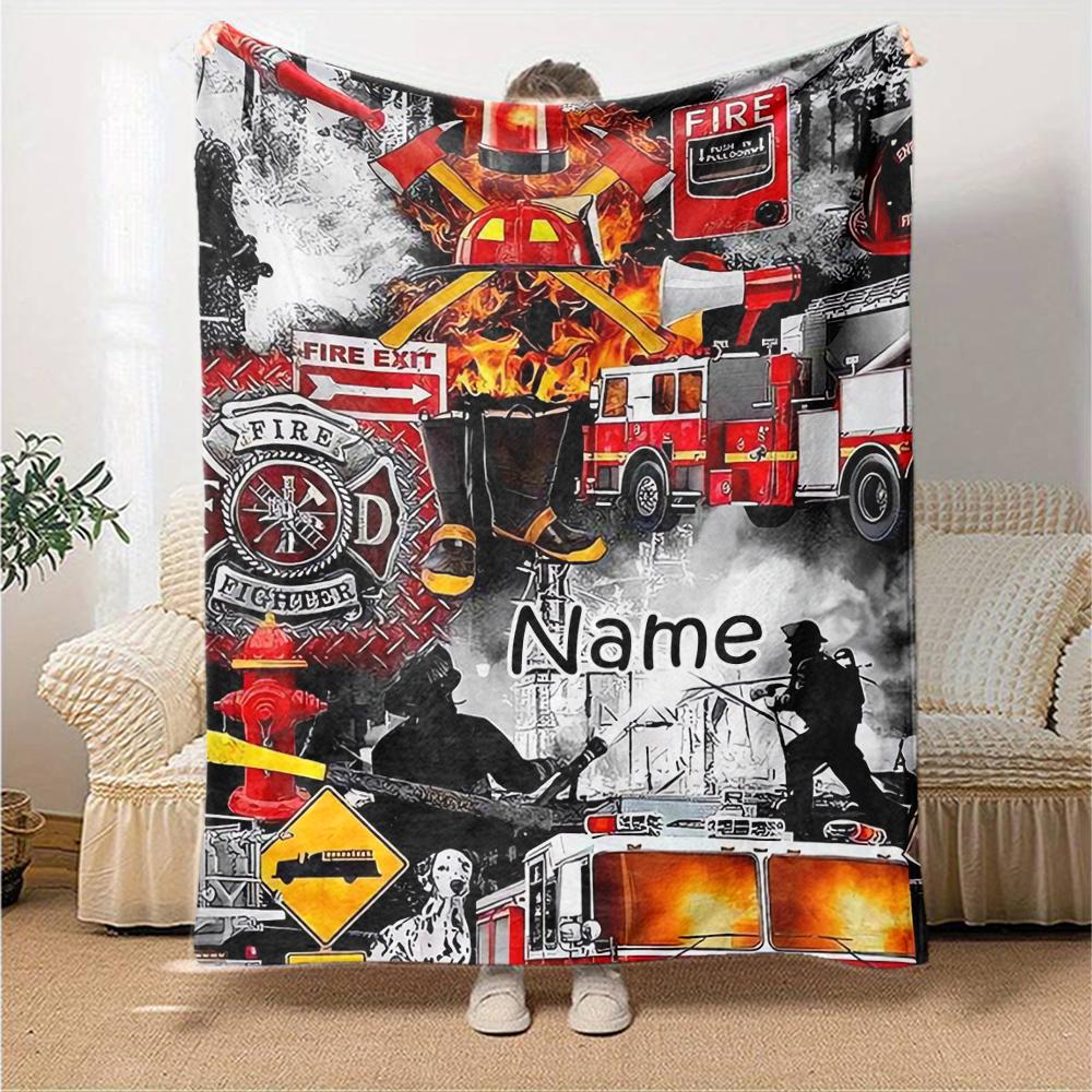 Custom Name fire truck Theme Printed Blanket - Perfect for Couch, Bed, Travel & Outdoor Use | Machine Washable, Cozy & Durable.