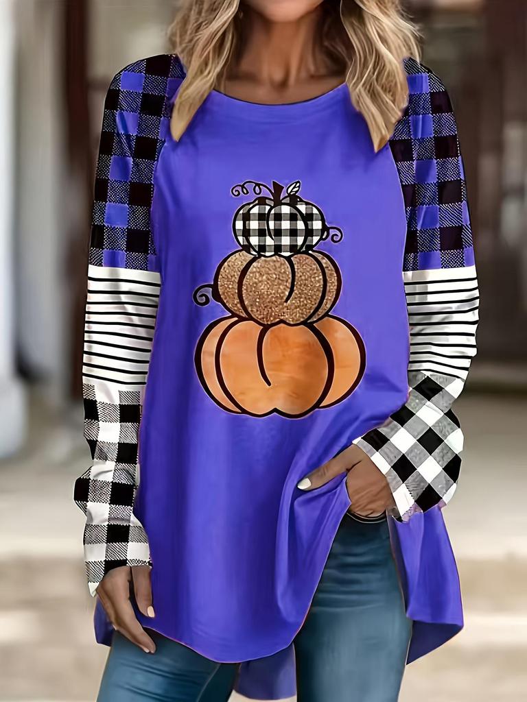 Plus Size Women's Halloween Pumpkin Long Sleeve T-Shirt for Autumn/Winter