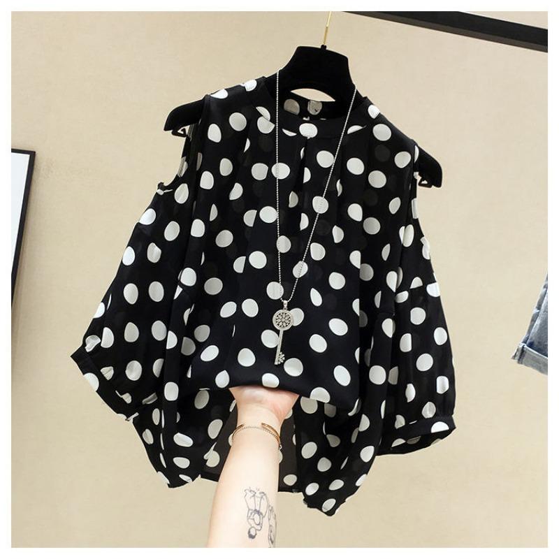 Women's New Summer Loose Top Polka-dot Off-shoulder Short-sleeved Chiffon Shirt