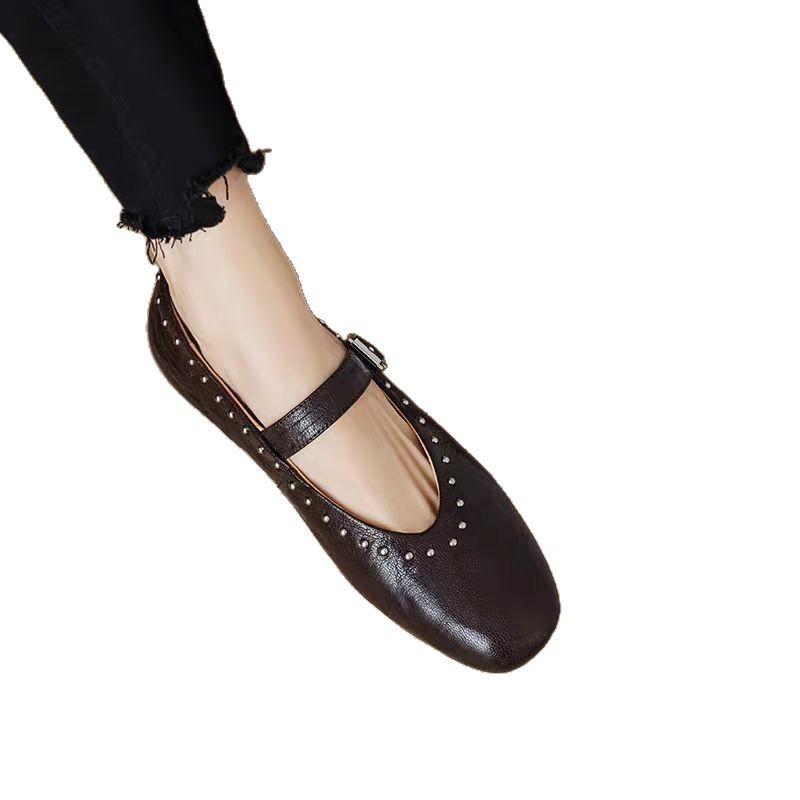 Fashion Retro Rivet Buckle Strap Flats Mary Janes Woman Solid Leather Ballets Shoes Ladies Spring Slip On Loafers Femme Studs Mocasines