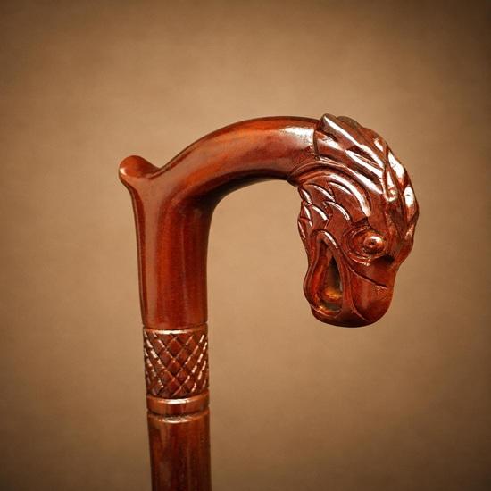 Hand-Carved Eagle Head Walking Cane, Snake Climbing Tree Design, Solid Wood Gentleman's Cane
