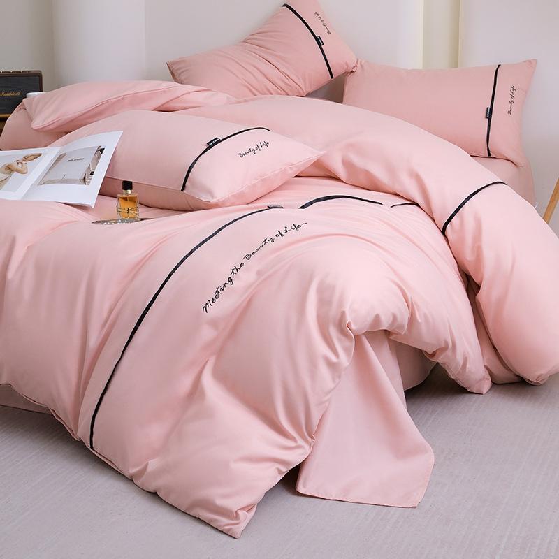 2025 new solid color embroidered ribbon double-spell skin-friendly washed cotton 4-piece set bed sheet and fitted sheet style