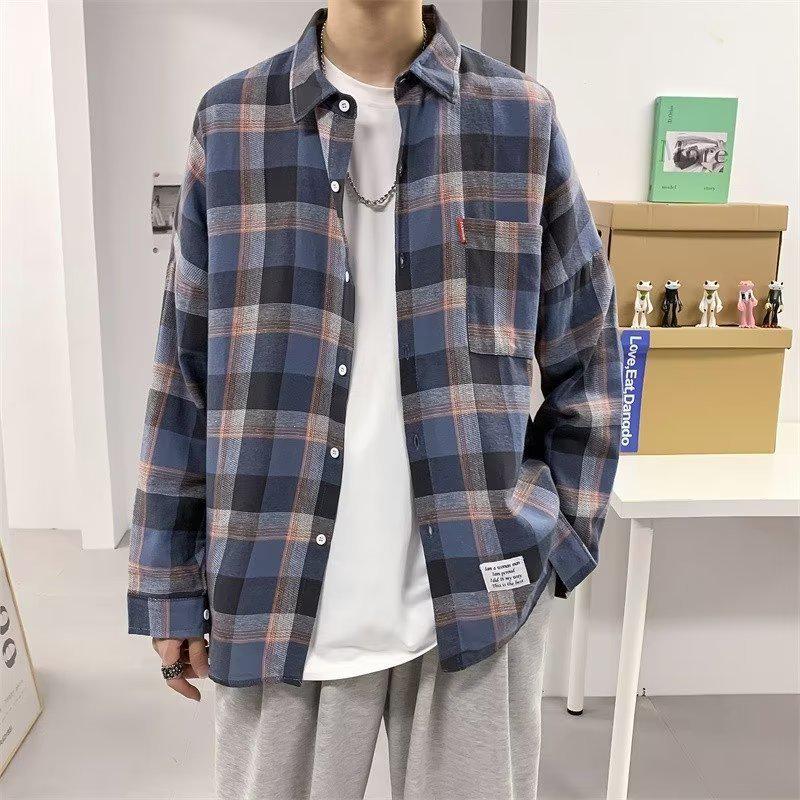 Men's Plaid Shirt: Hong Kong Style, Loose Fit, Long-Sleeve, Youth Streetwear for Spring and Autumn