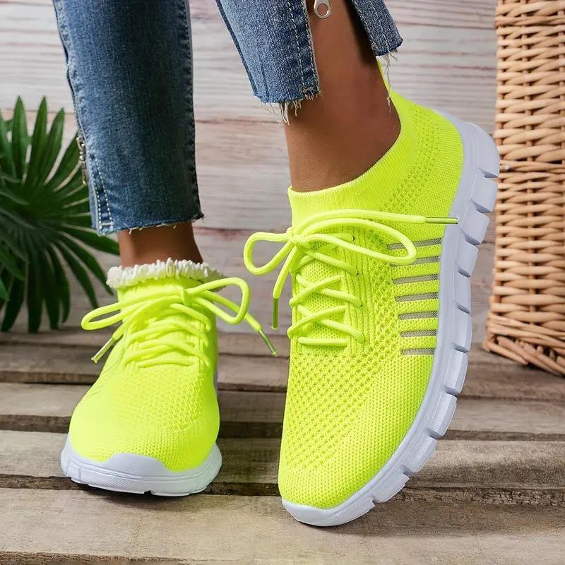 Summer Yellow Casual Shoes Women Flat Shoes Breathable Mesh Knit Sneakers Women Tennis Shoe Lightweight Running Shoes Woman Shoe
