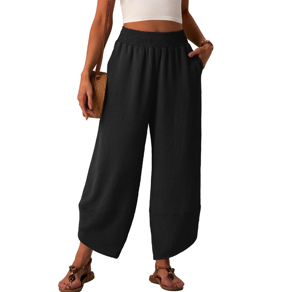 Damen Baggy Weite Hosen Sommer High Waist Palazzo Hosen Strandurlaub Lässige Hosen Mit Taschen