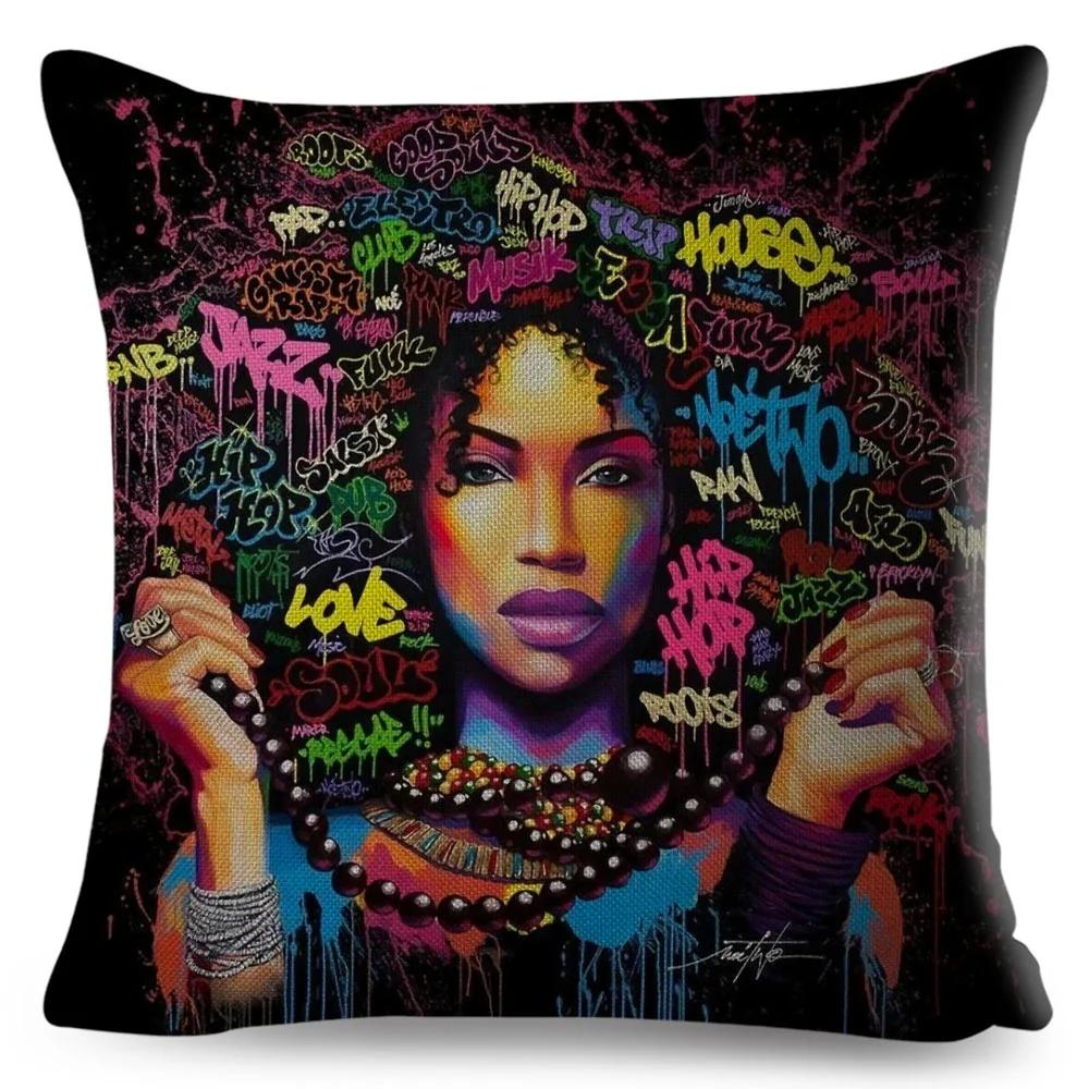 African Women Cushion Cover Decor Colorful Cartoon Lady Dream  Pillowcase Polyester Pillow Case for Bedroom Sofa Home 45x45cm